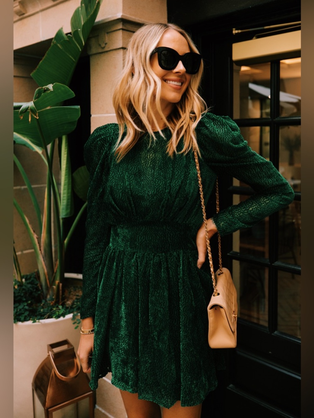 Lini Green Velvet Dot Puff Sleeve Dress